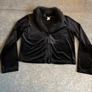 Vintage 90s Y2K Girly Girl Faux Fur Velour Cardigan Sweater Small Black Velvet